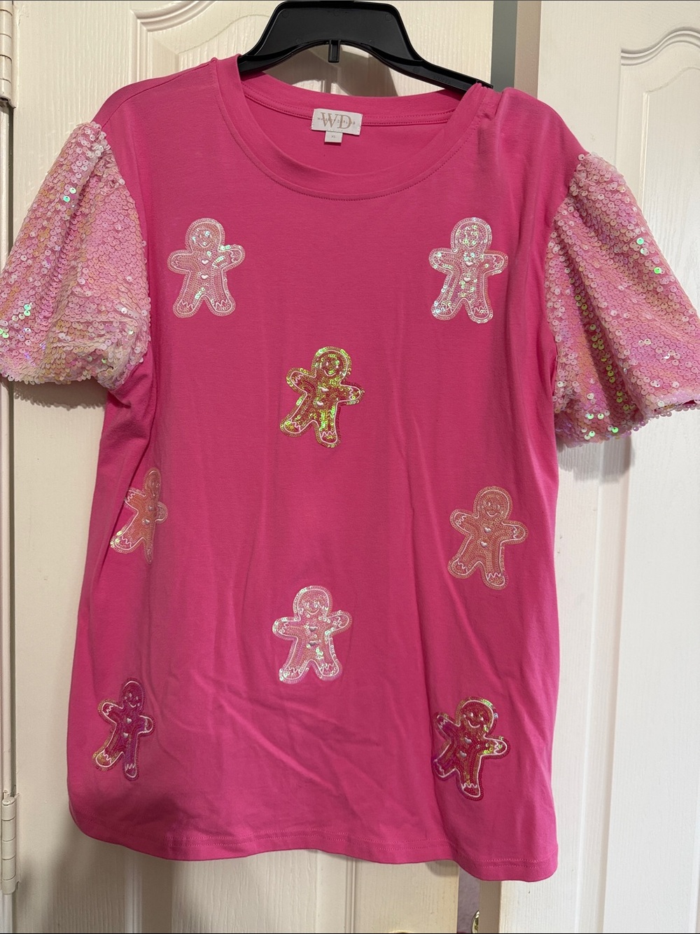 Pink Sequin Sleeve Gingerbread Appliqué Tee